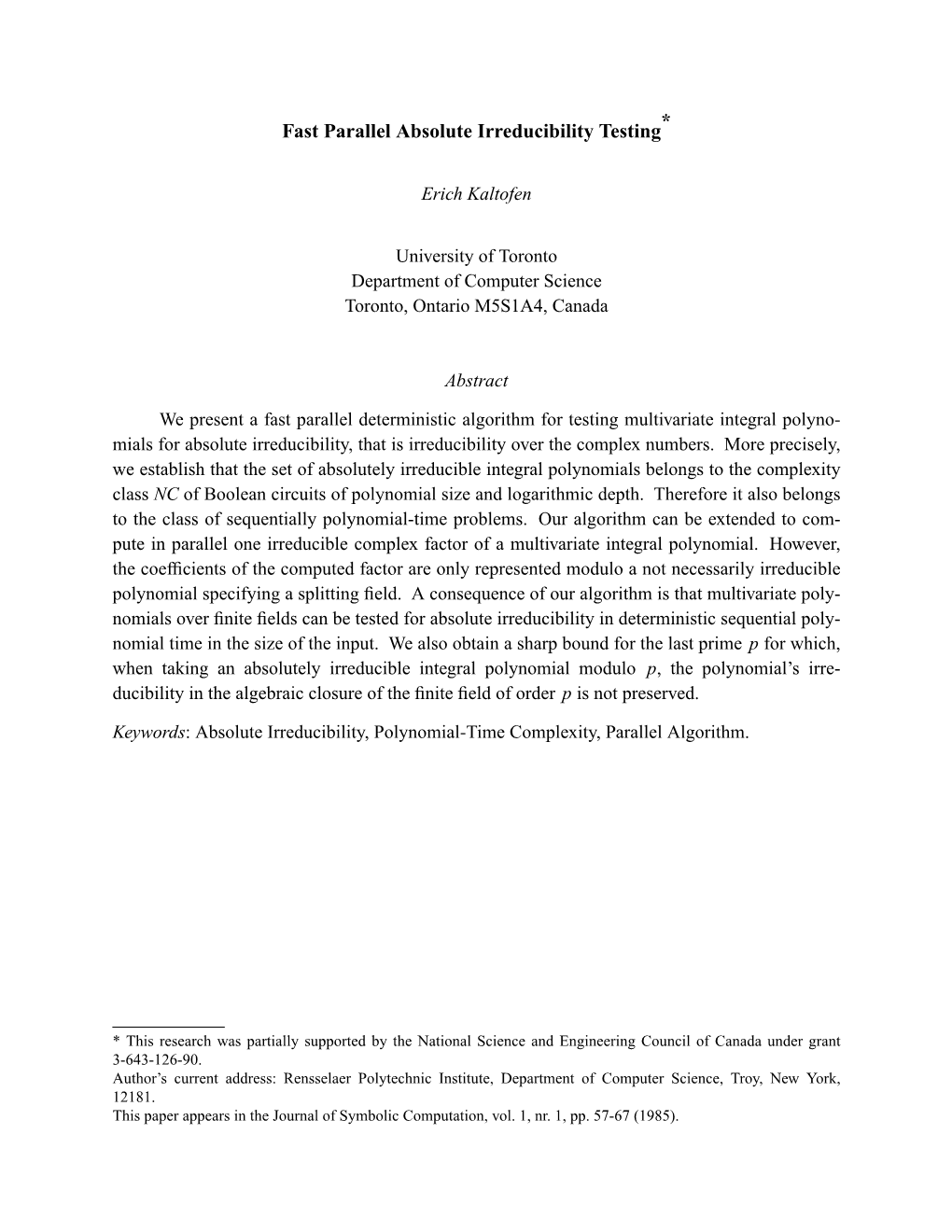 Fast Parallel Absolute Irreducibility Testing*