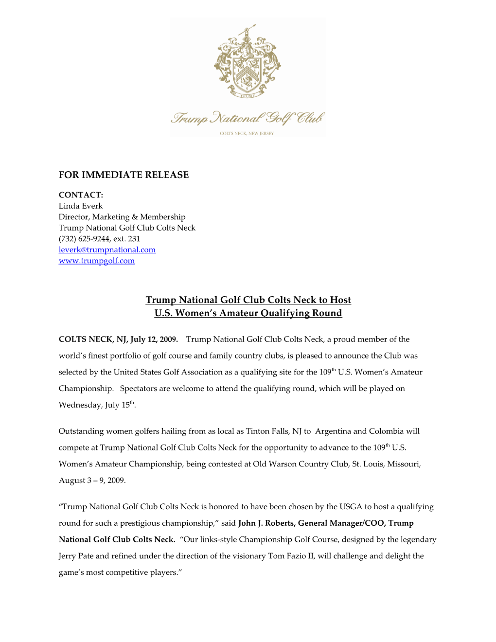 Trump National Golf Club Colts Neck to Host