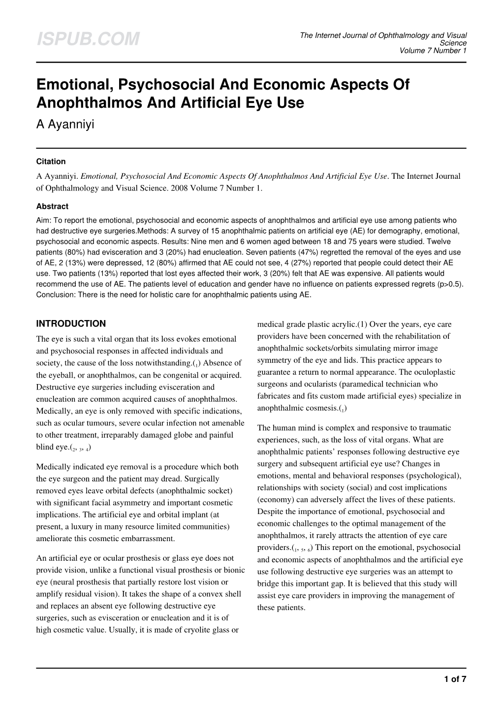 Emotional, Psychosocial and Economic Aspects of Anophthalmos and Artificial Eye Use a Ayanniyi