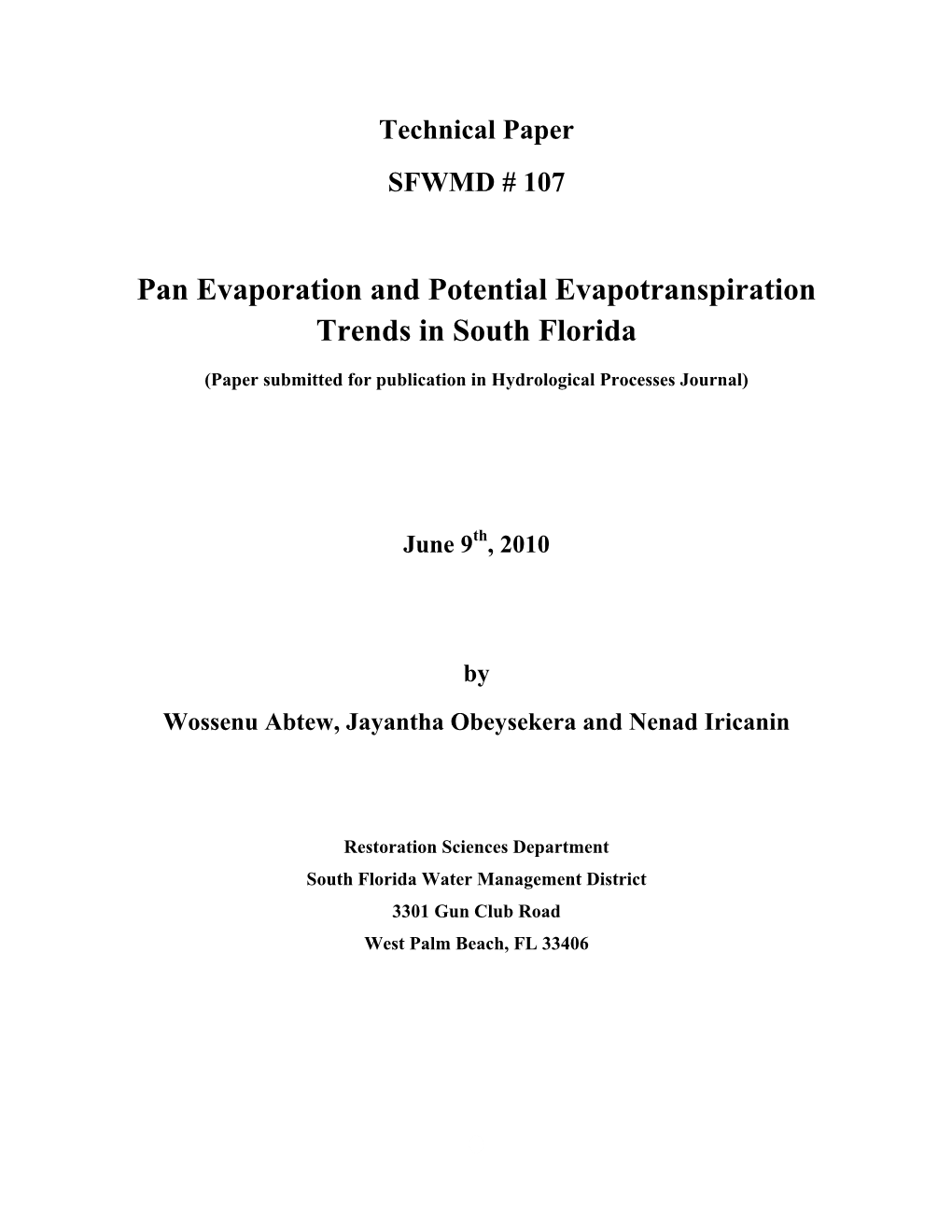 Pan Evaporation and Potential Evapotranspiration Trends in South Florida