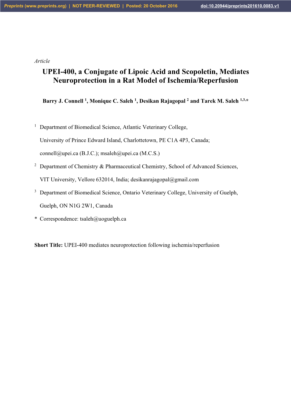 UPEI-400, a Conjugate of Lipoic Acid and Scopoletin, Mediates Neuroprotection in a Rat Model of Ischemia/Reperfusion