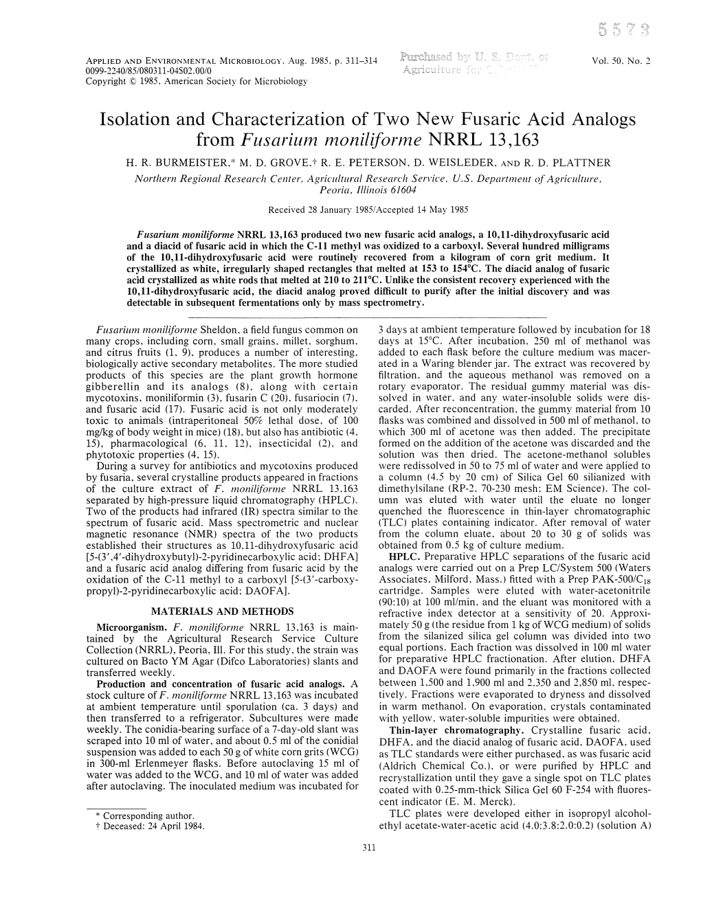 Isolation and Characterization of Two New Fusaric Acid Analogs from Fusarllun Lnonilijonne NRRL 13,163