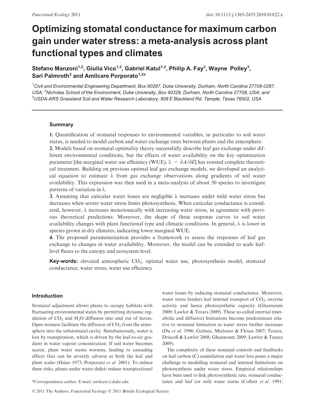 Optimizing Stomatal Conductance for Maximum Carbon Gain Under Water Stress: a Meta-Analysis Across Plant Functional Types and Climates