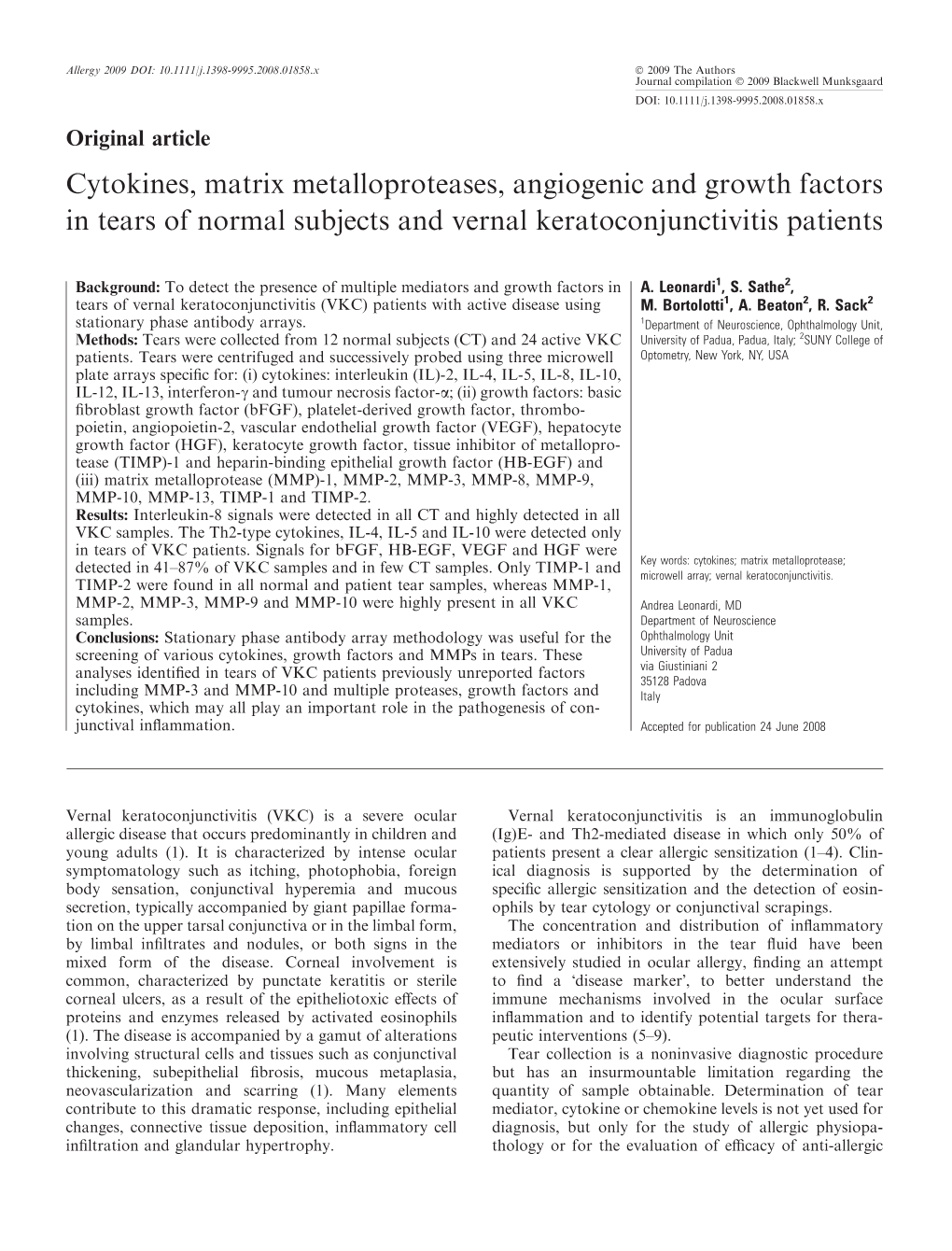 Cytokines, Matrix Metalloproteases, Angiogenic and Growth Factors in Tears of Normal Subjects and Vernal Keratoconjunctivitis Patients