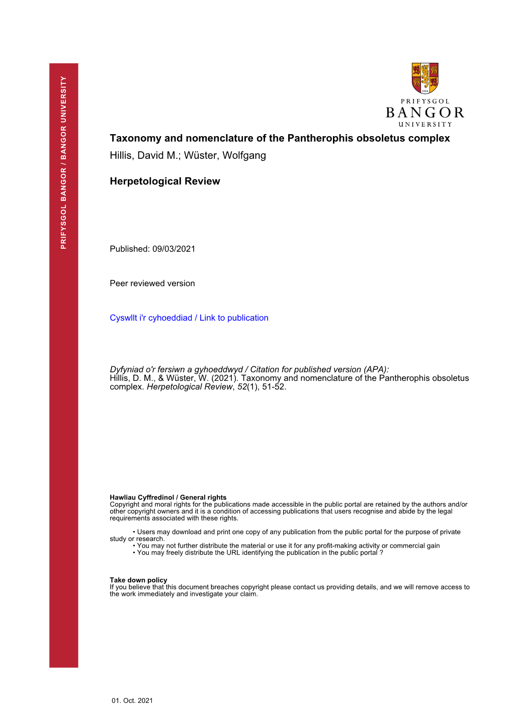 Taxonomy and Nomenclature of the Pantherophis Obsoletus Complex Hillis, David M.; Wüster, Wolfgang Herpetological Review