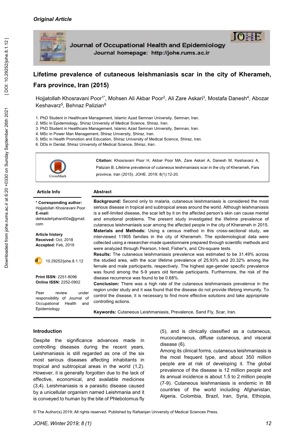 Lifetime Prevalence of Cutaneous Leishmaniasis Scar in the City of Kherameh, Fars Province, Iran (2015)