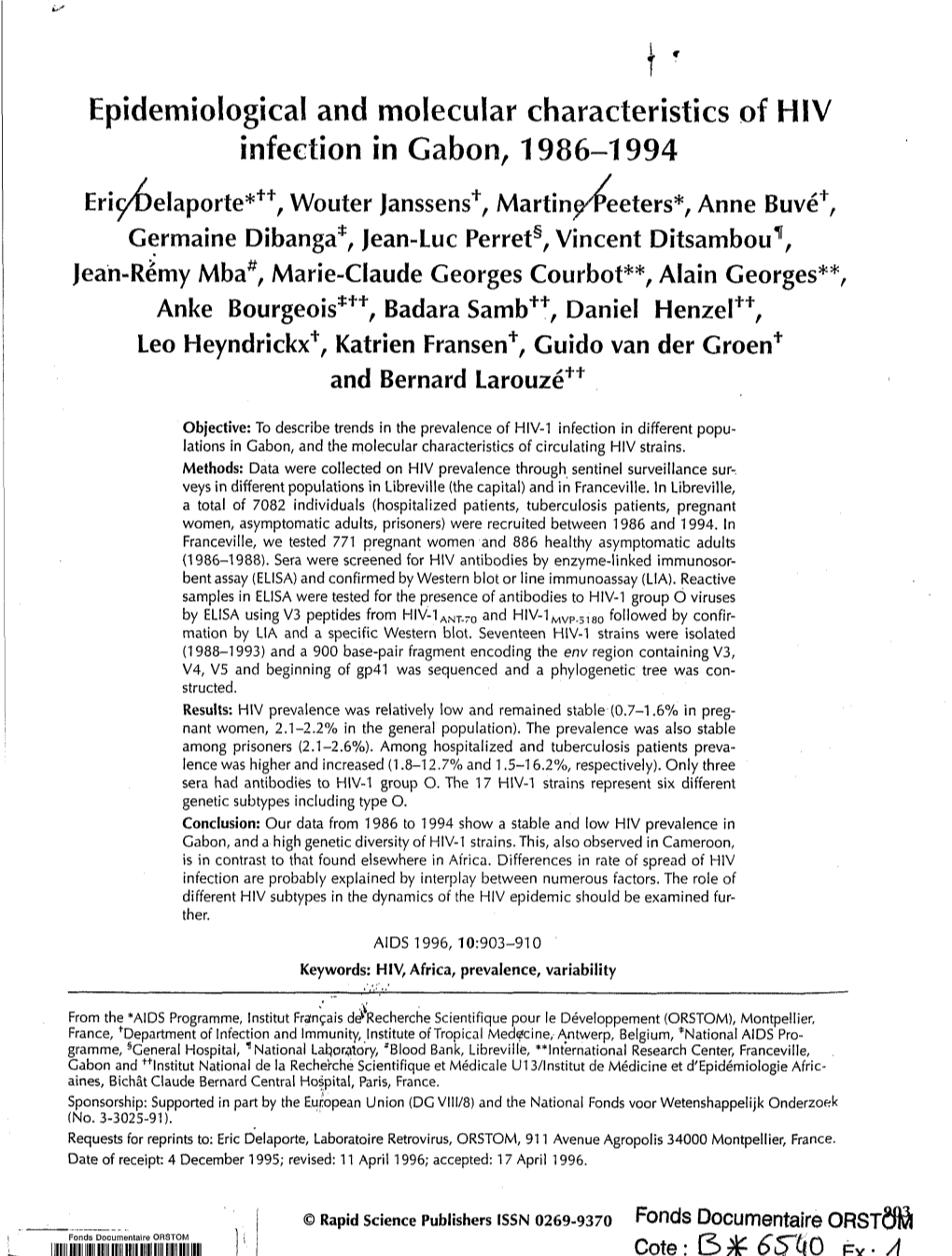 Epidemiological and Molecular Characteristics of HIV Infection in Gabon, 1986-1994