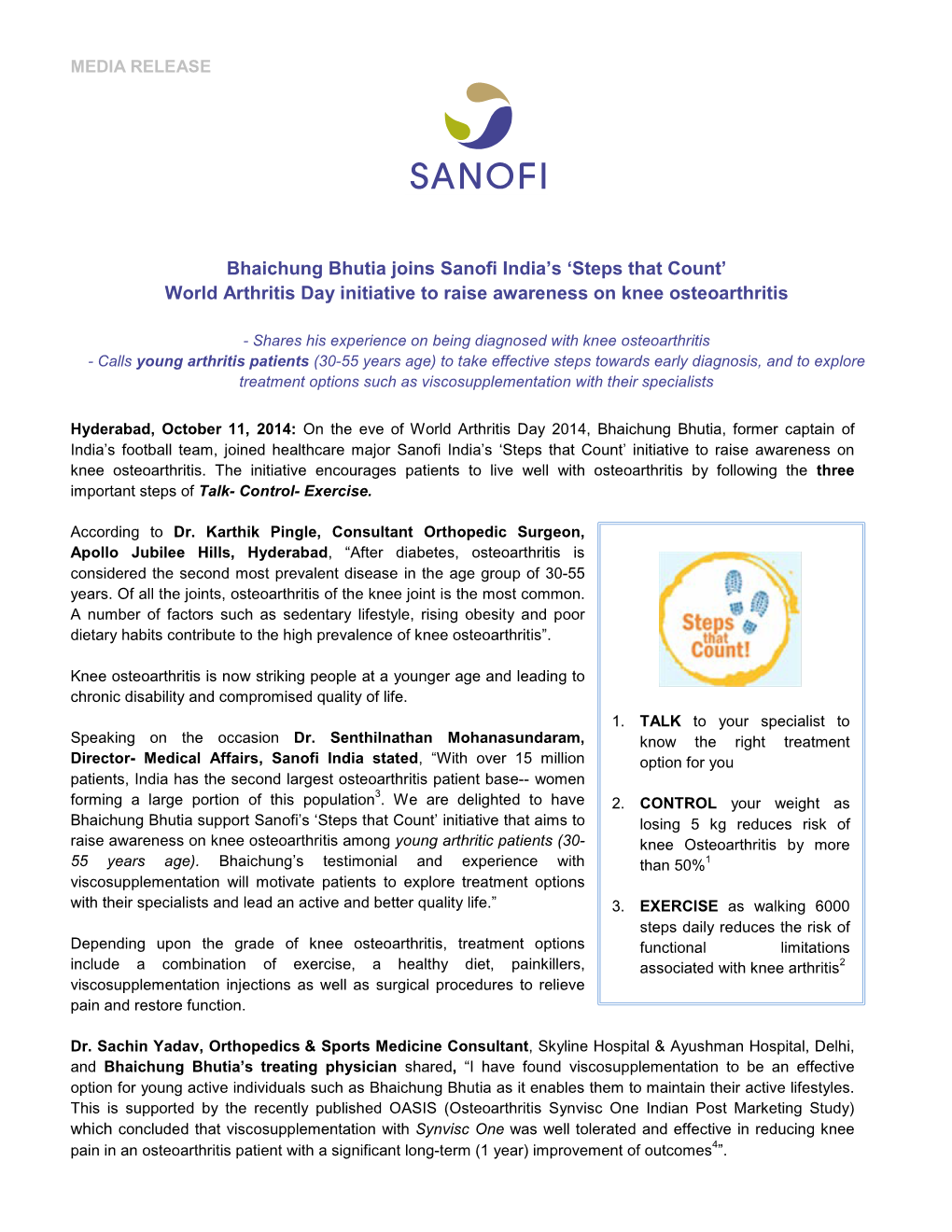 Bhaichung Bhutia Joins Sanofi India's 'Steps That Count' World Arthritis