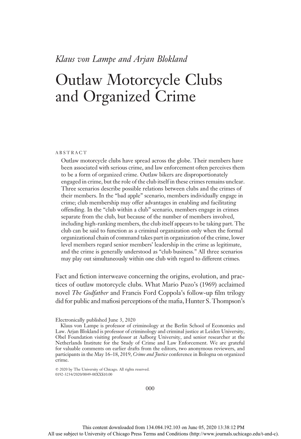 Outlaw Motorcycle Clubs and Organized Crime