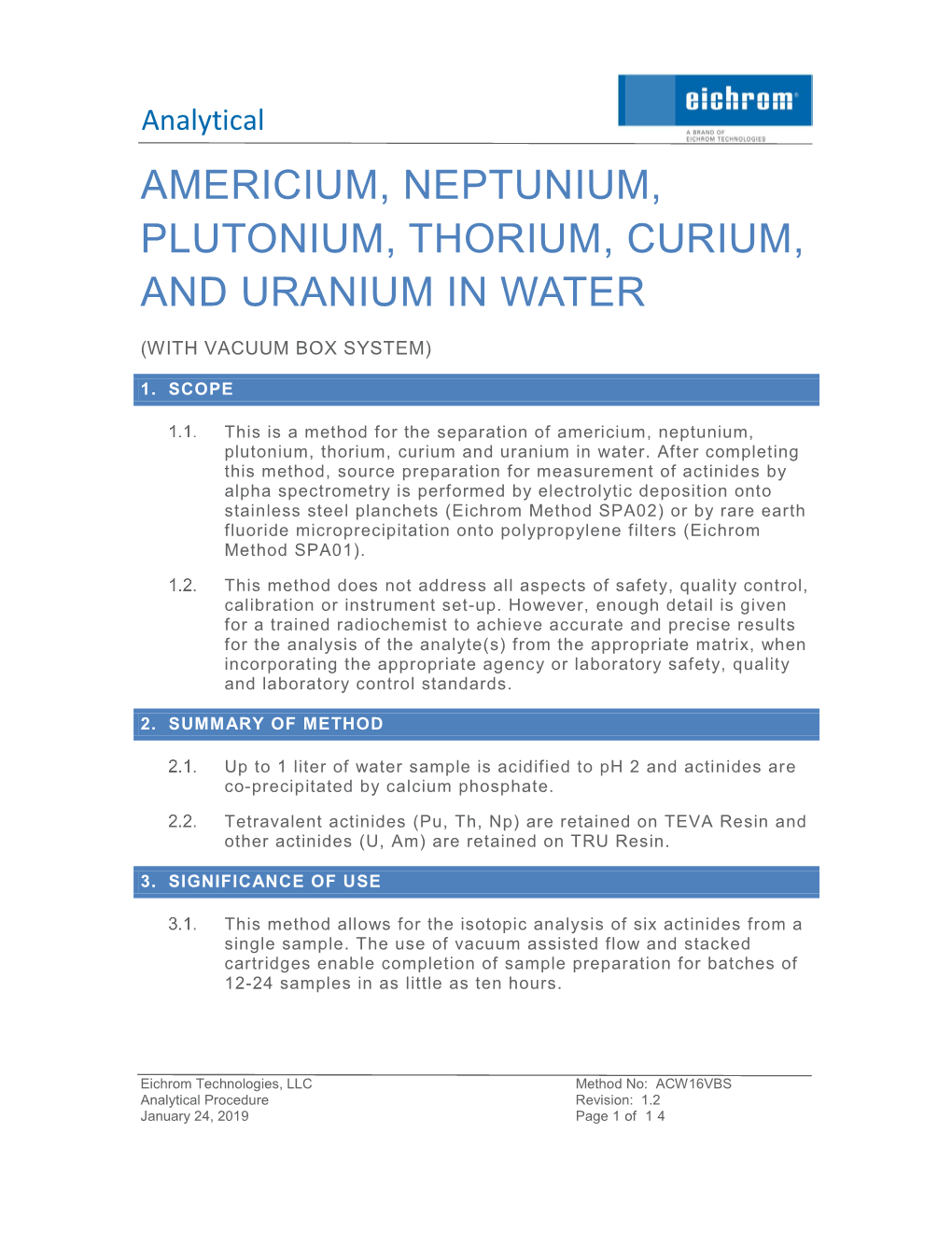 Americium, Neptunium, Plutonium, Thorium, Curium, and Uranium in Water