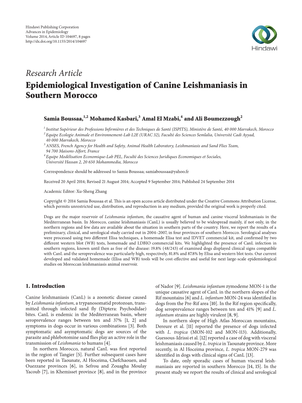 Epidemiological Investigation of Canine Leishmaniasis in Southern Morocco