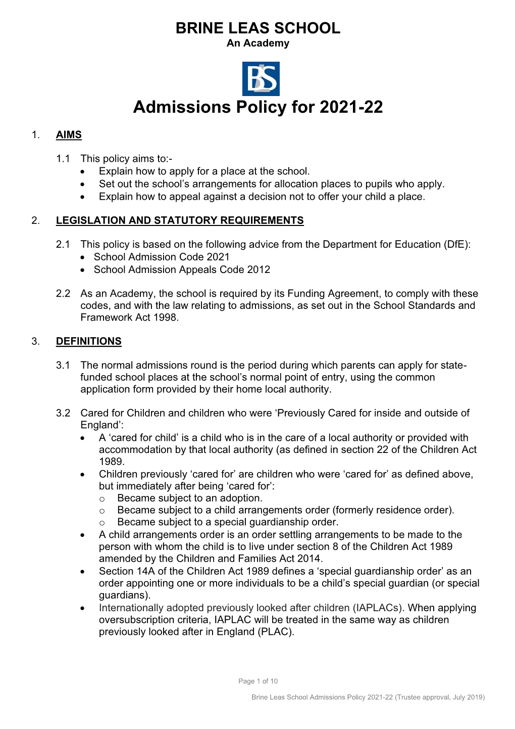 Admissions Policy for 2021-22