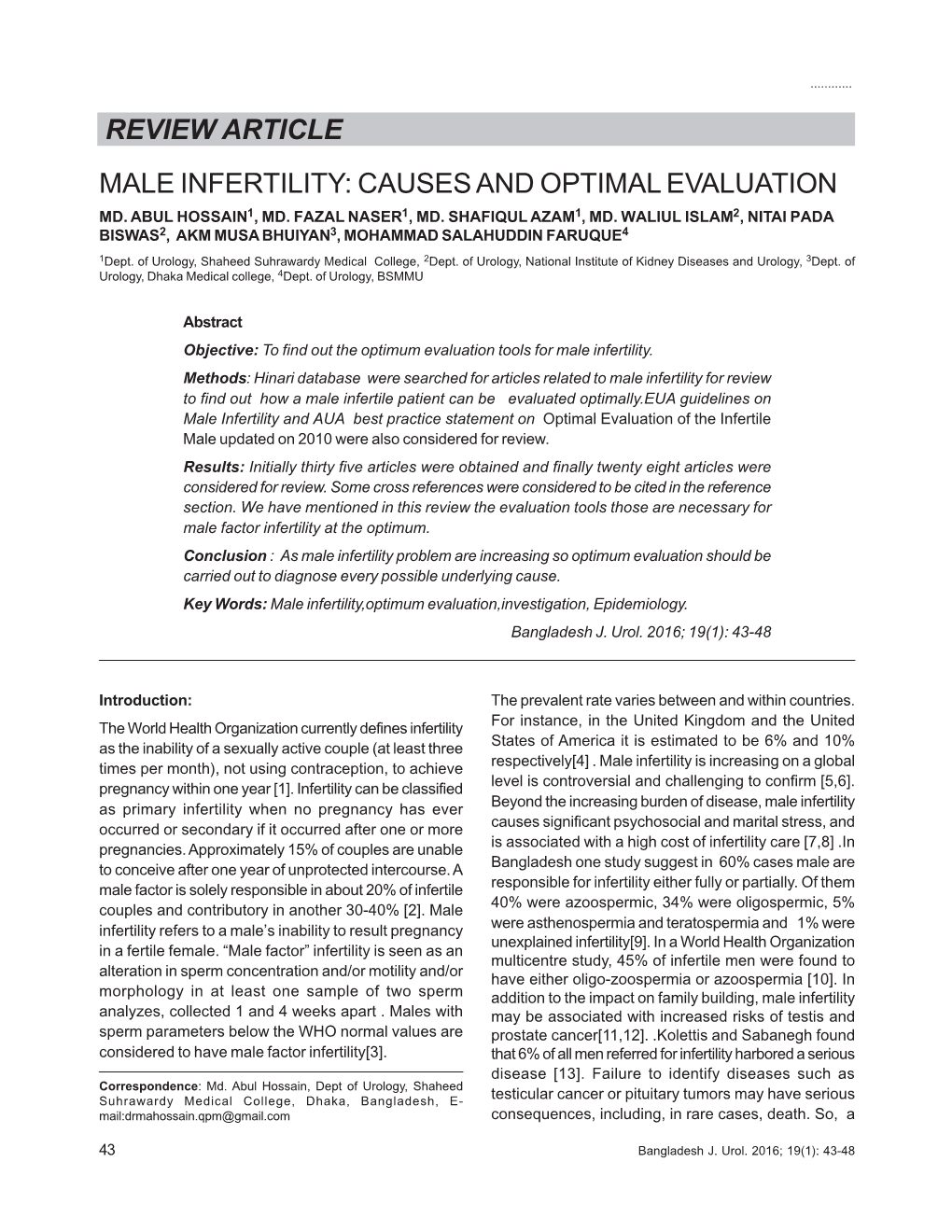 Review Article Male Infertility: Causes and Optimal Evaluation Md
