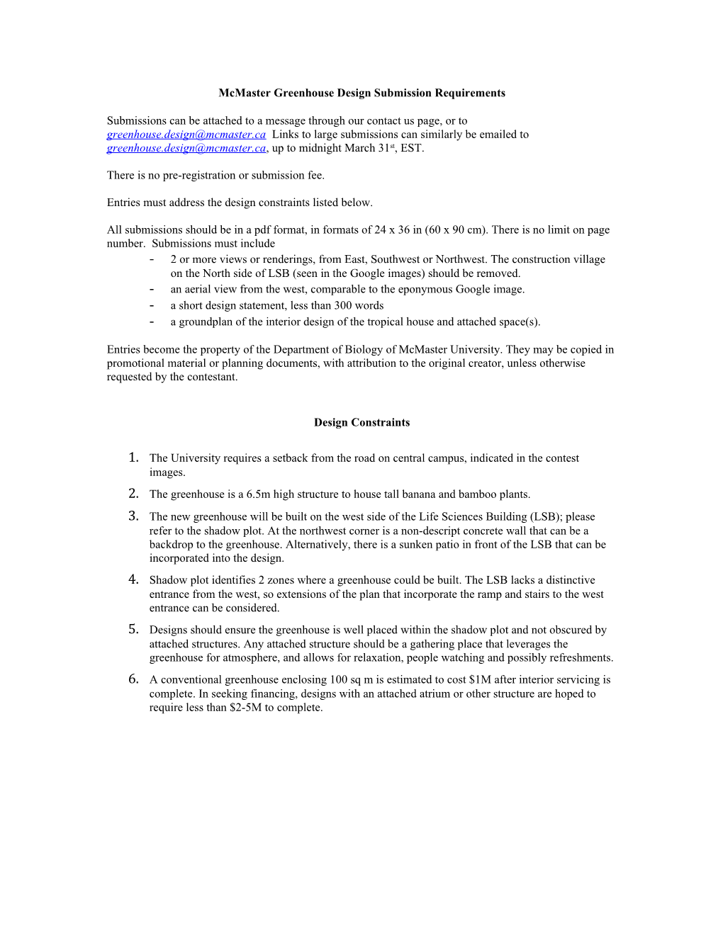 Mcmaster Greenhouse Design Submission Requirements