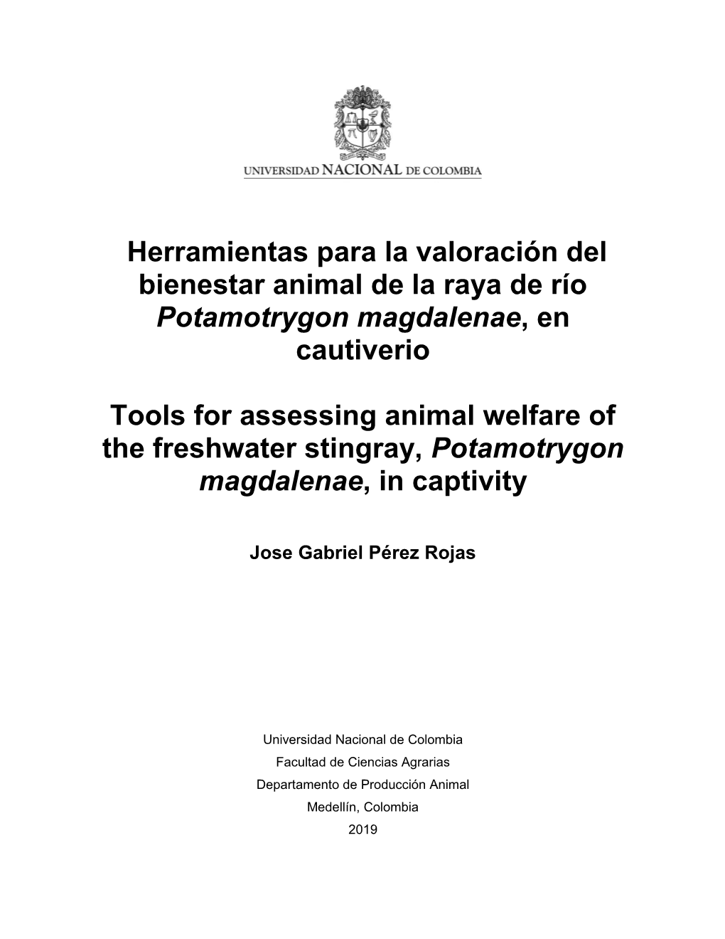 Herramientas Para La Valoración Del Bienestar Animal De La Raya De Río Potamotrygon Magdalenae, En Cautiverio