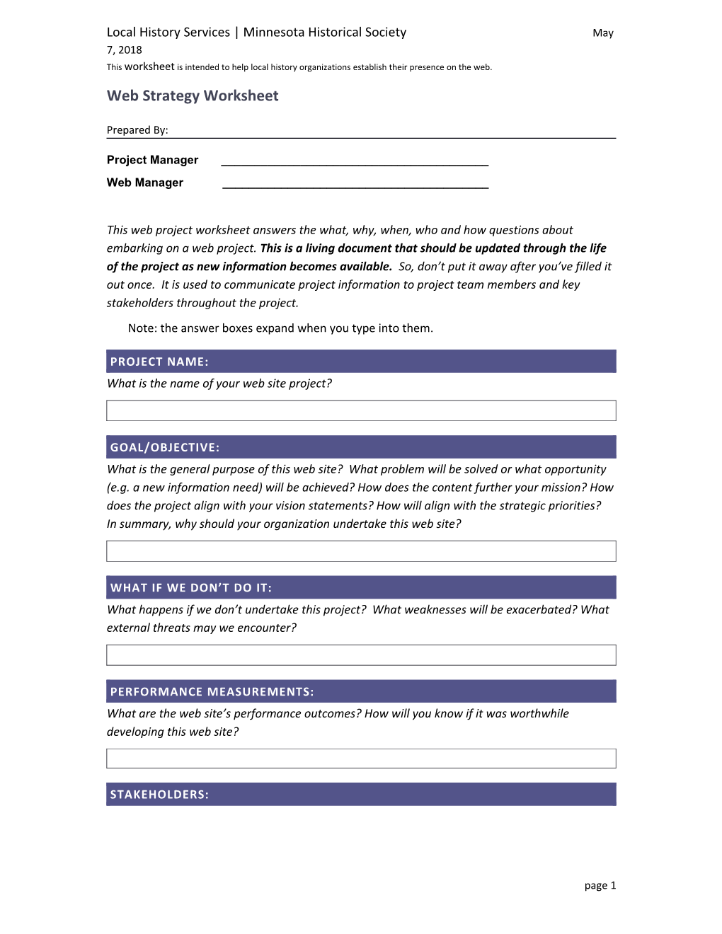 Web Site Strategy Worksheet