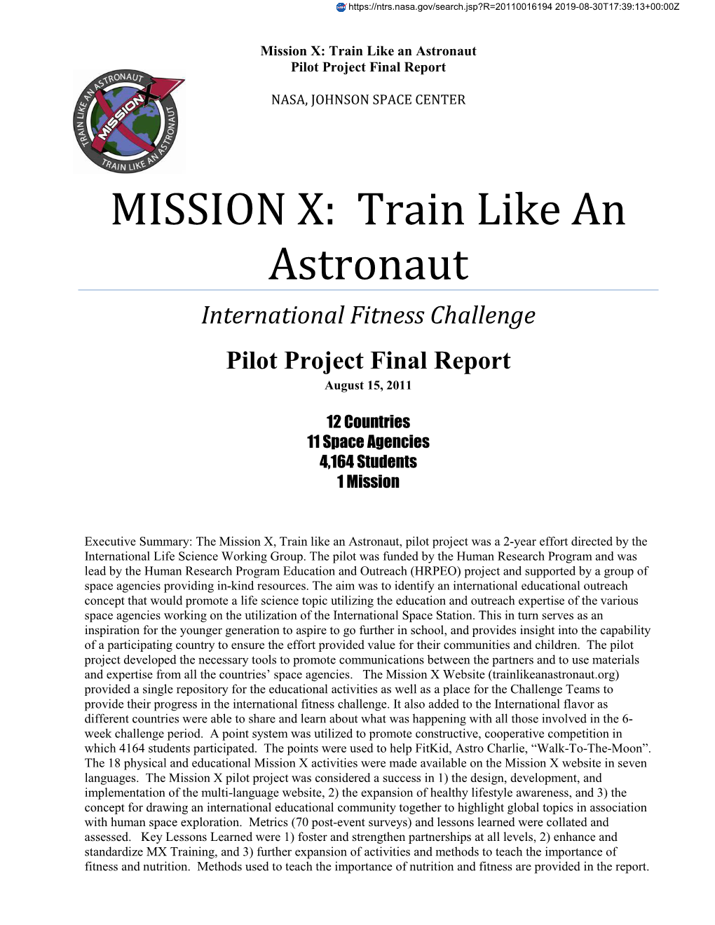 Mission X: Train Like an Astronaut Pilot Project Final Report