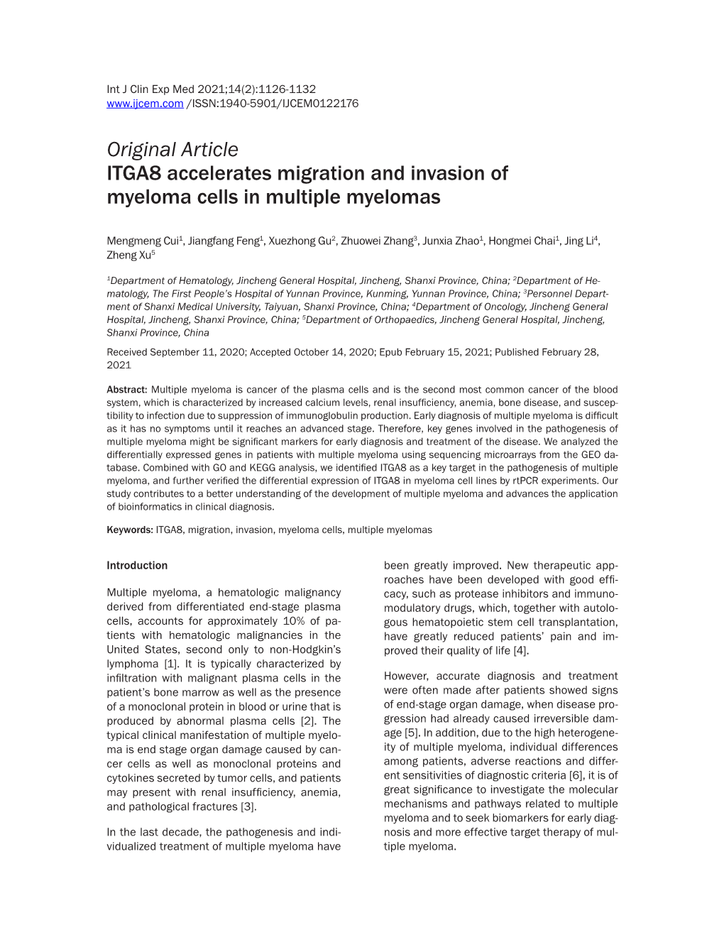 Original Article ITGA8 Accelerates Migration and Invasion of Myeloma Cells in Multiple Myelomas