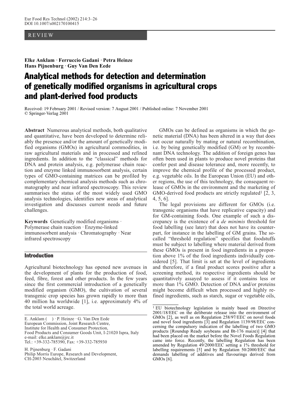 Analytical Methods for Detection and Determination of Genetically Modified Organisms in Agricultural Crops and Plant-Derived Food Products