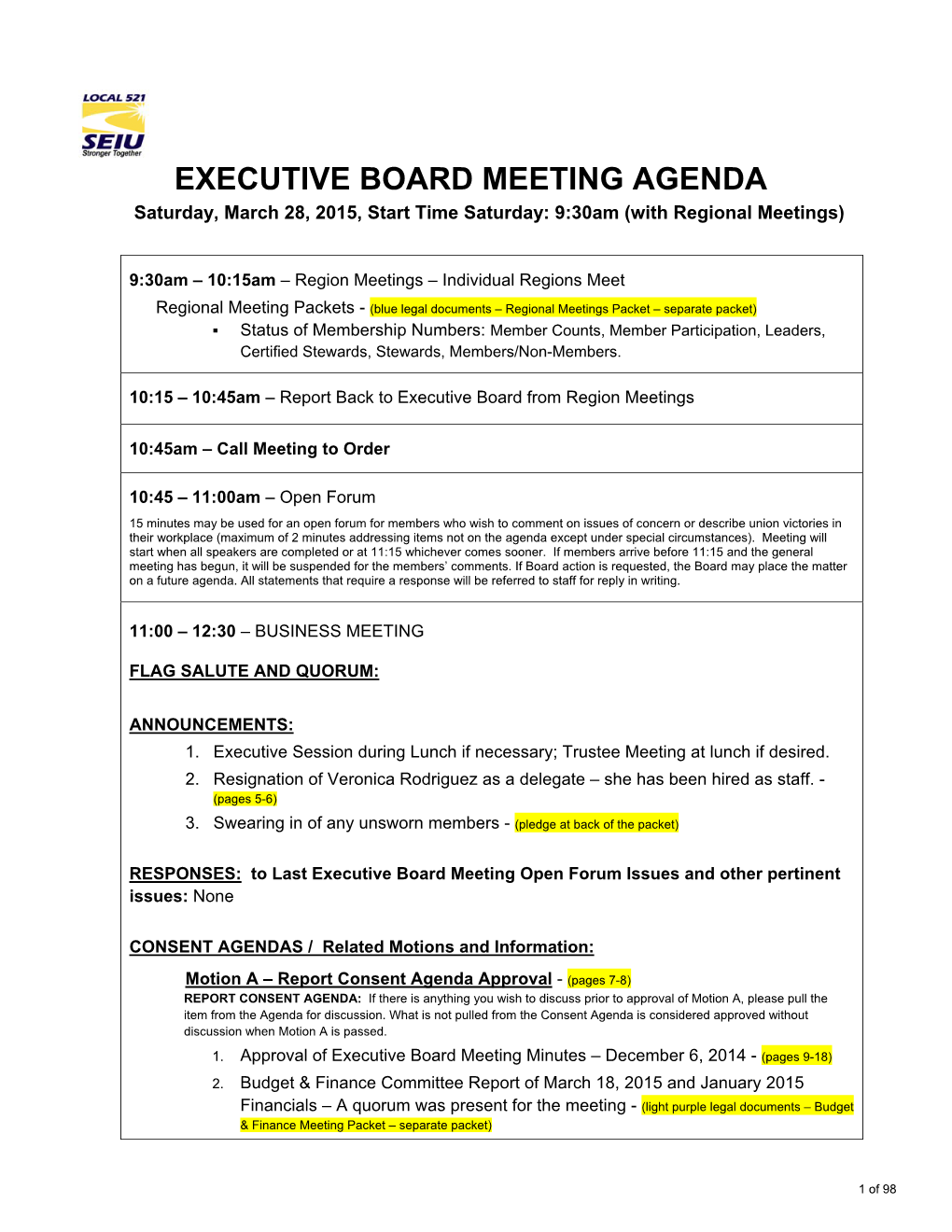 Executive Board Meeting Agenda