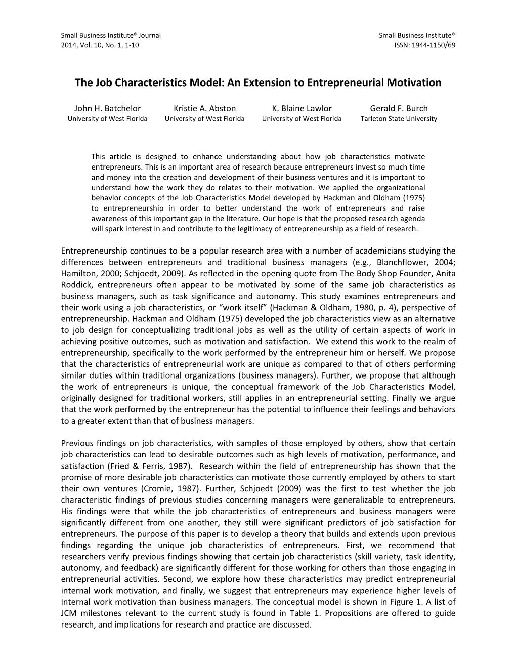 The Job Characteristics Model: an Extension to Entrepreneurial Motivation