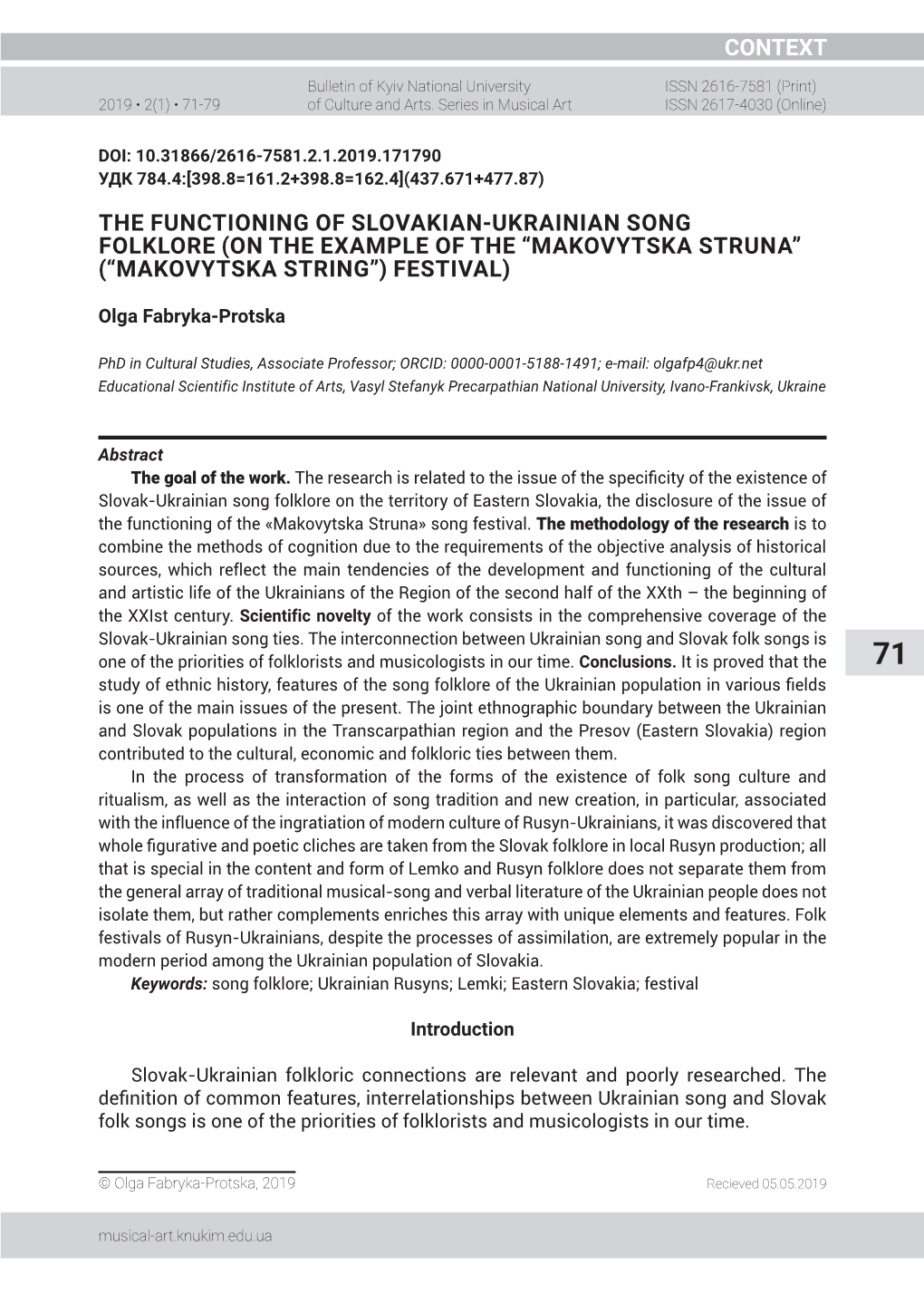 The Functioning of Slovakian-Ukrainian Song Folklore (On the Example of the “Makovytska Struna” (“Makovytska String”) Festival)