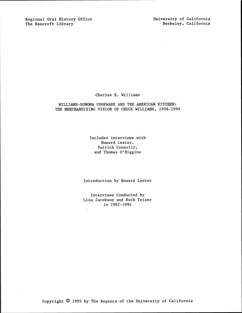 Regional Oral History Office the Bancroft Library Charles E. Williams