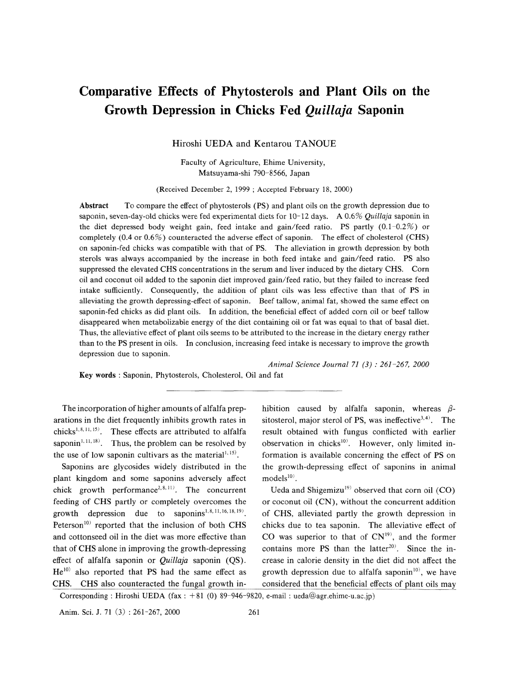 Comparative Effects of Phytosterols and Plant Oils on the Growth Depression in Chicks Fed Quillaja Saponin