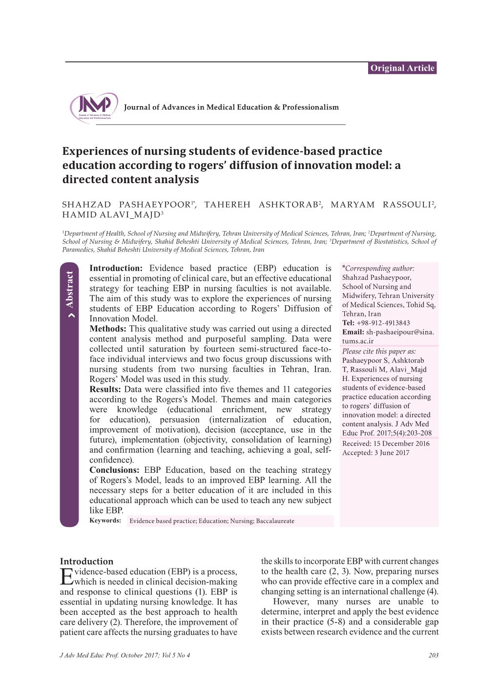 Experiences of Nursing Students of Evidence-Based Practice Education According to Rogers’ Diffusion of Innovation Model: a Directed Content Analysis