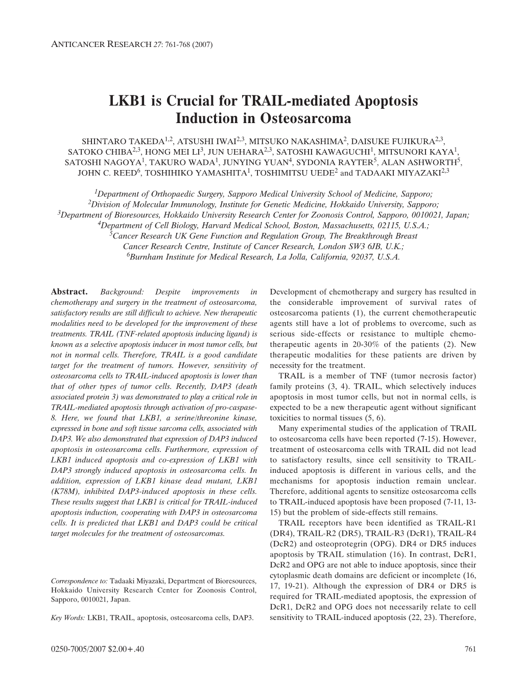 LKB1 Is Crucial for TRAIL-Mediated Apoptosis Induction in Osteosarcoma