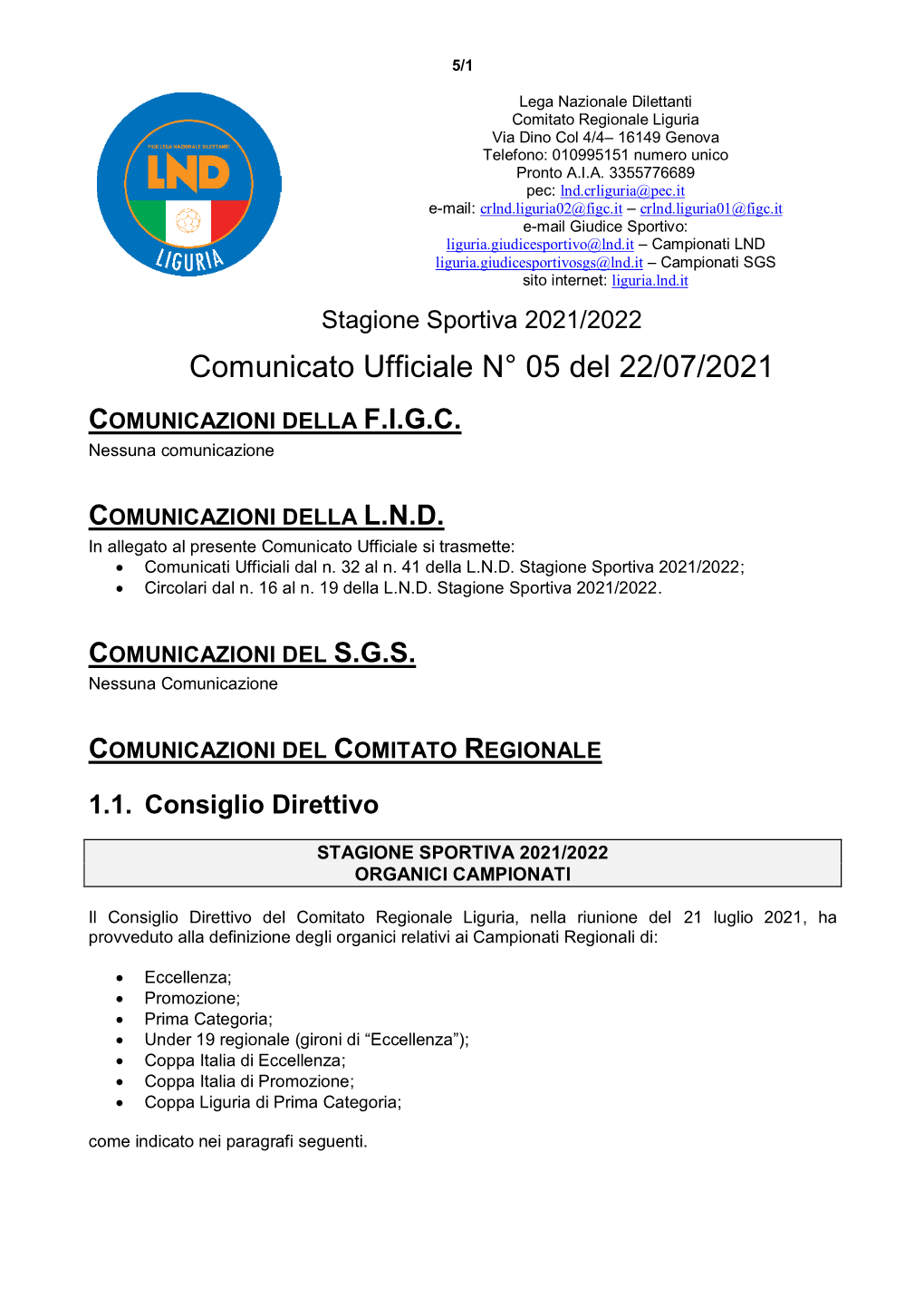 Comunicato Ufficiale N° 05 Del 22/07/2021