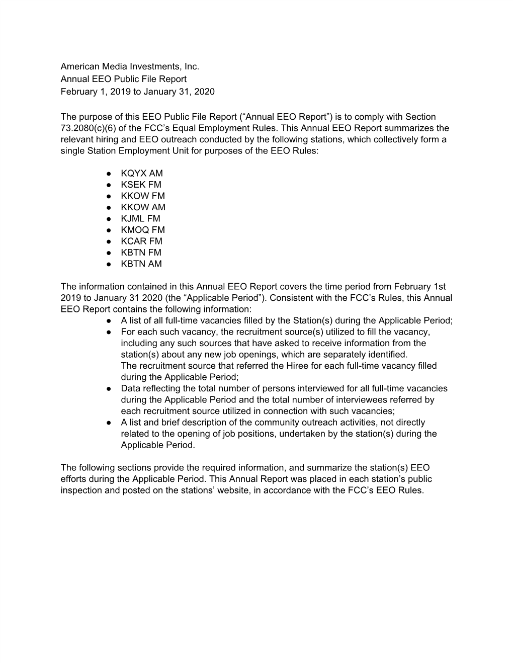 American Media Investments, Inc. Annual EEO Public File Report February 1, 2019 to January 31, 2020