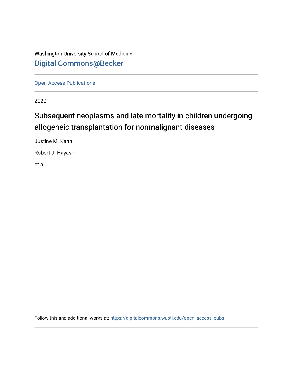 Subsequent Neoplasms and Late Mortality in Children Undergoing Allogeneic Transplantation for Nonmalignant Diseases