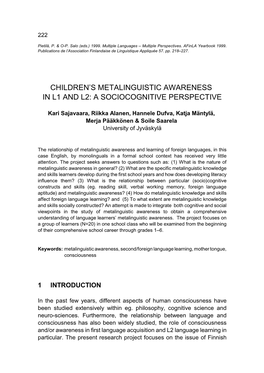 Children's Metalinguistic Awareness in L1 and L2: a Sociocognitive Perspective