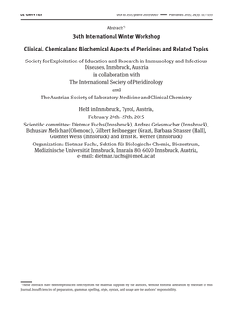 34Th International Winter Workshop Clinical, Chemical and Biochemical
