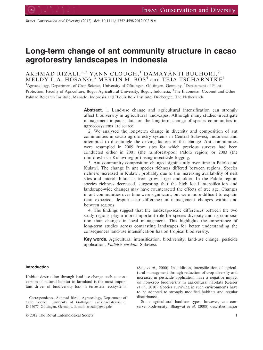 Longterm Change of Ant Community Structure in Cacao Agroforestry
