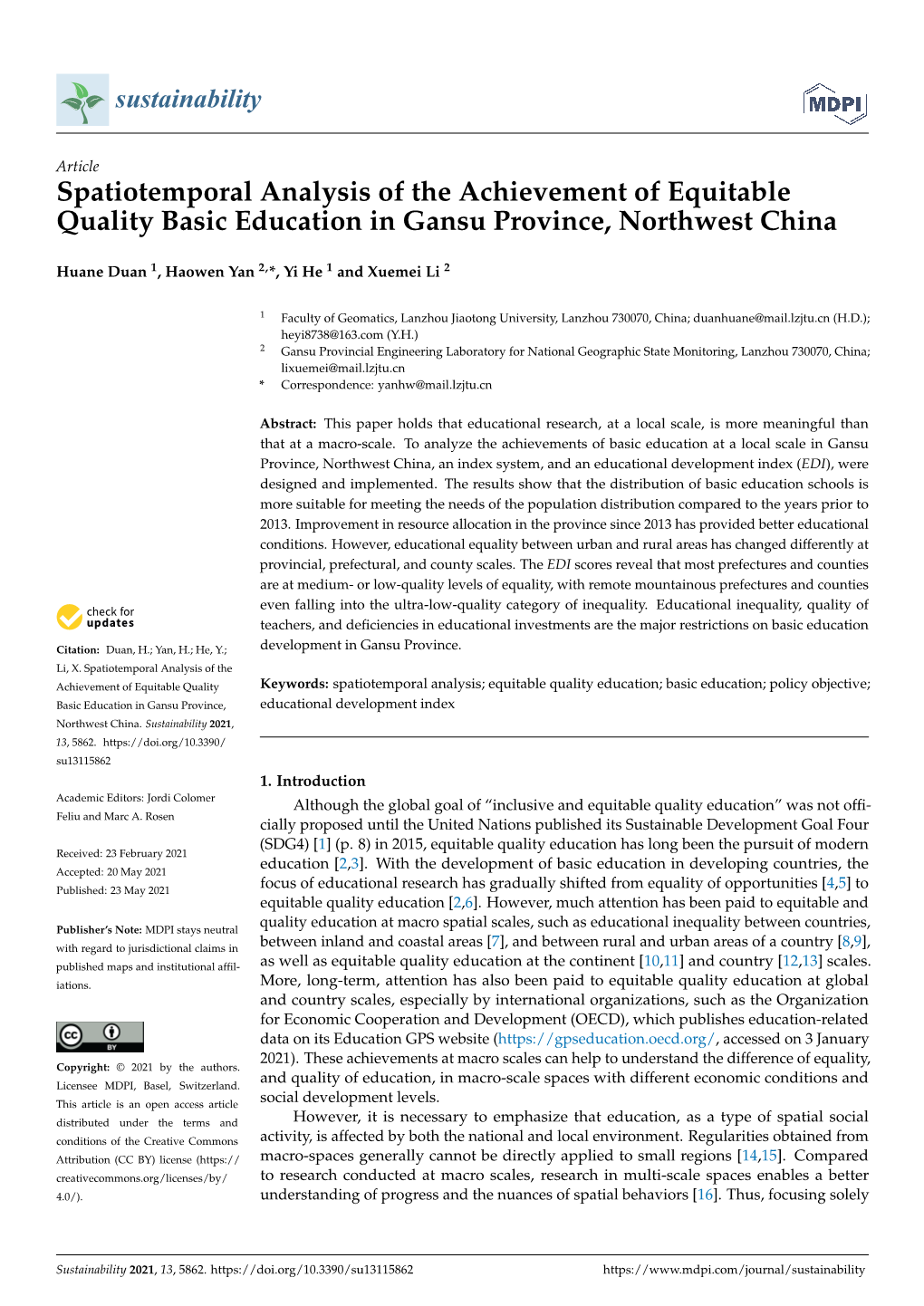 Spatiotemporal Analysis of the Achievement of Equitable Quality Basic Education in Gansu Province, Northwest China