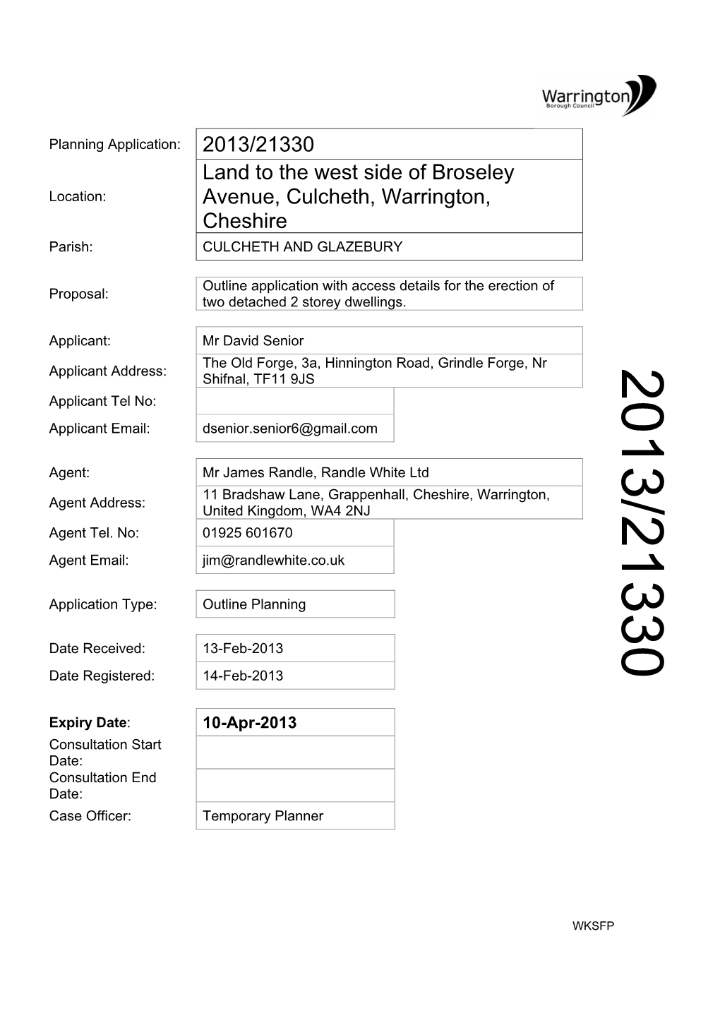 2013/21330 Land to the West Side of Broseley Avenue, Culcheth