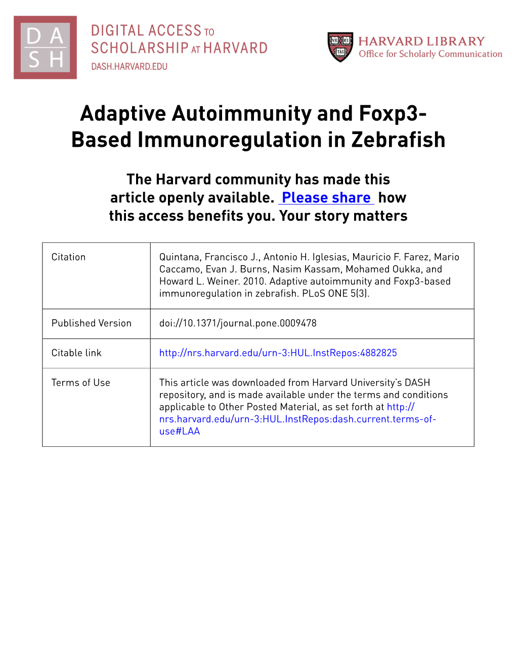 Adaptive Autoimmunity and Foxp3- Based Immunoregulation in Zebrafish