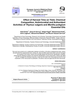 Effect of Harvest Time on Yield, Chemical Composition, Antimicrobial and Antioxidant Activities of Thymus Vulgaris and Mentha Pulegium Essential Oils