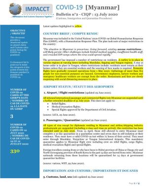 Myanmar] Bulletin N°2 - CIQP : 13 July 2020 (Customs, Immigration and Quarantine Procedures)