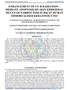 ENHANCEMENT of UV-B RADIATION – MEDIATE APOPTOSIS by SKIN EPIDERMAL MUCUS of PARROT FISH in Hacat HUMAN IMMORTALISED KERATINOCYTES