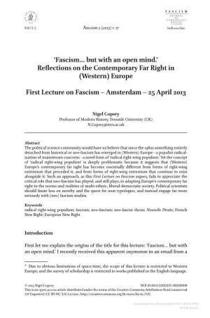 Reflections on the Contemporary Far Right in (Western) Europe First Lecture on Fascism