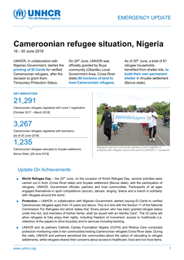 Cameroonian Refugee Situation, Nigeria 16 - 30 June 2018