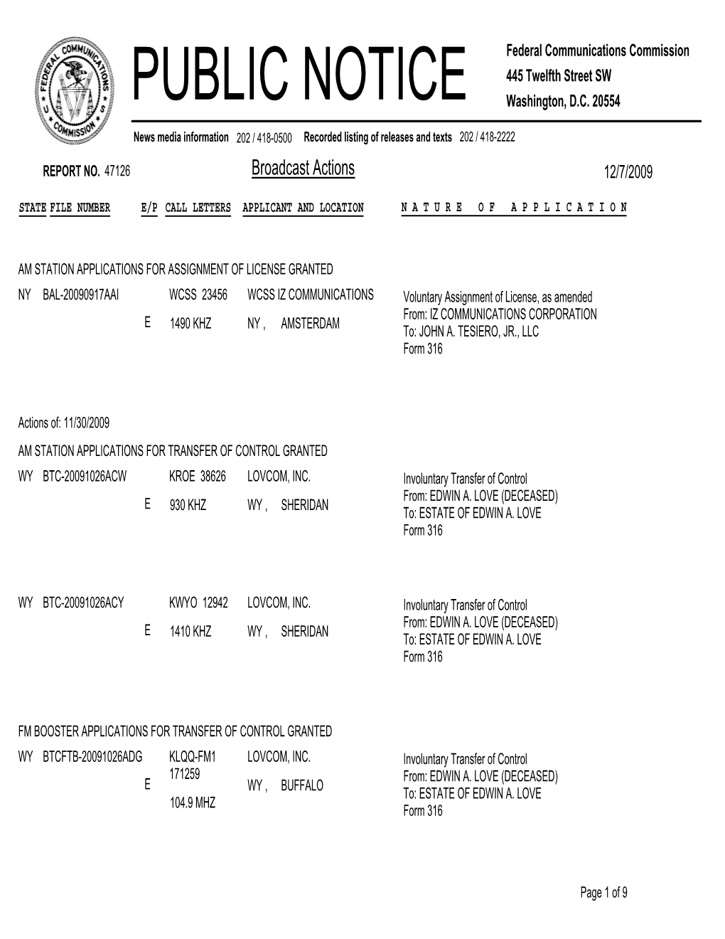 Broadcast Actions 12/7/2009