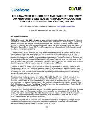 Nelvana Wins Technology and Engineering Emmy® Award for Its Web-Based Animation Production and Asset Management System, Nelnet