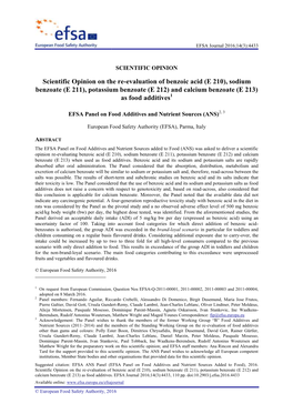 Scientific Opinion on the Re-Evaluation of Benzoic Acid (E 210), Sodium Benzoate (E 211), Potassium Benzoate (E 212) and Calcium Benzoate (E 213) As Food Additives1
