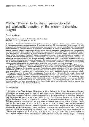 Middle Tithonian to Berriasian Praecalpionellid and Calpionellid Zonation of the Western Balkanides, Bulgaria