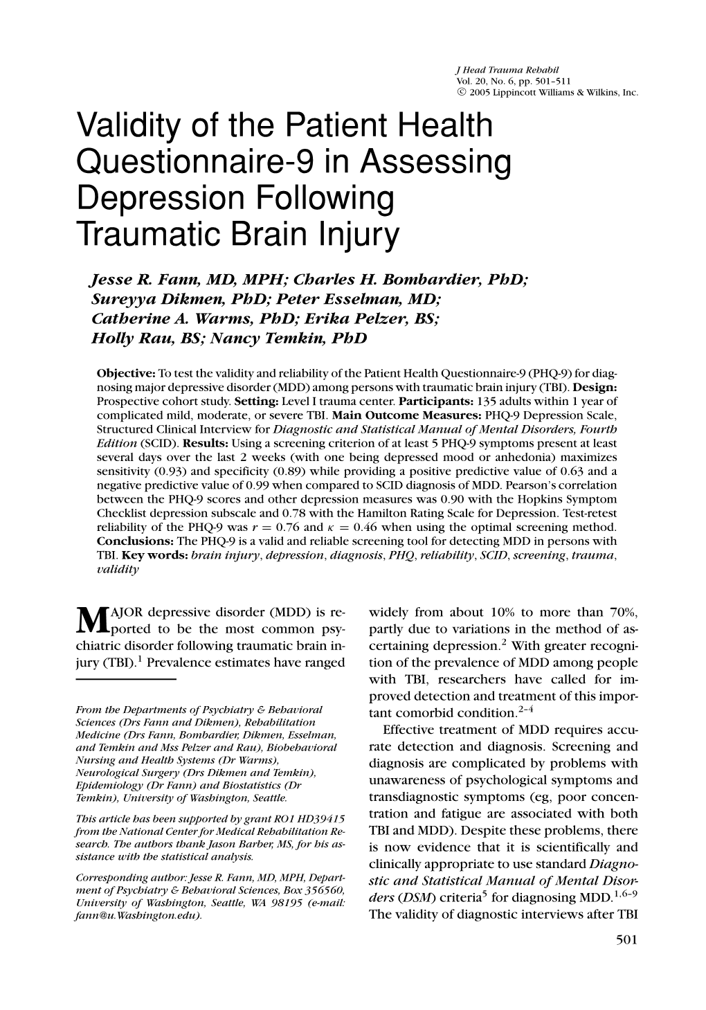 Validity of the Patient Health Questionnaire-9 in Assessing Depression Following Traumatic Brain Injury
