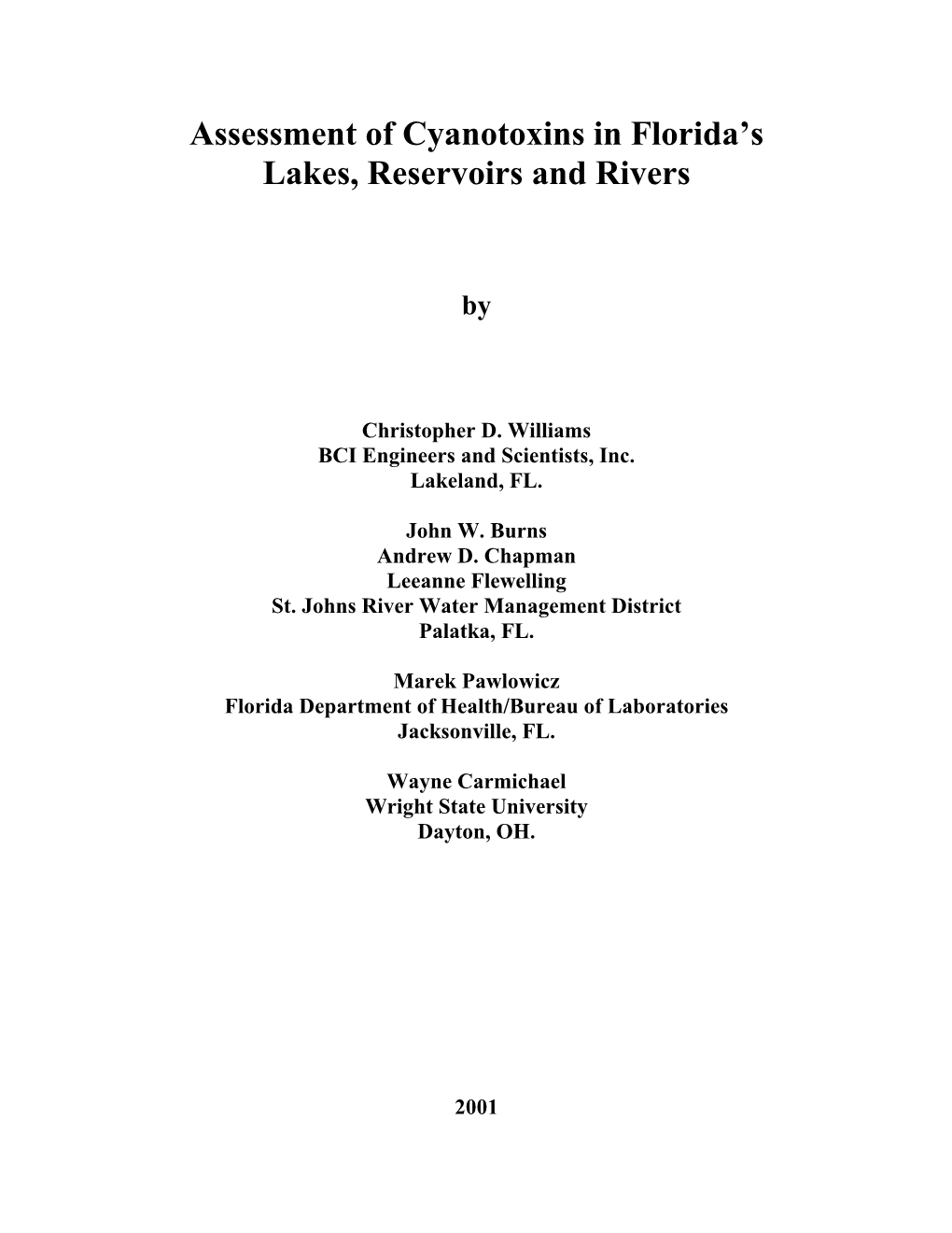 Assessment of Cyanotoxins in Florida's Lakes, Reservoirs And